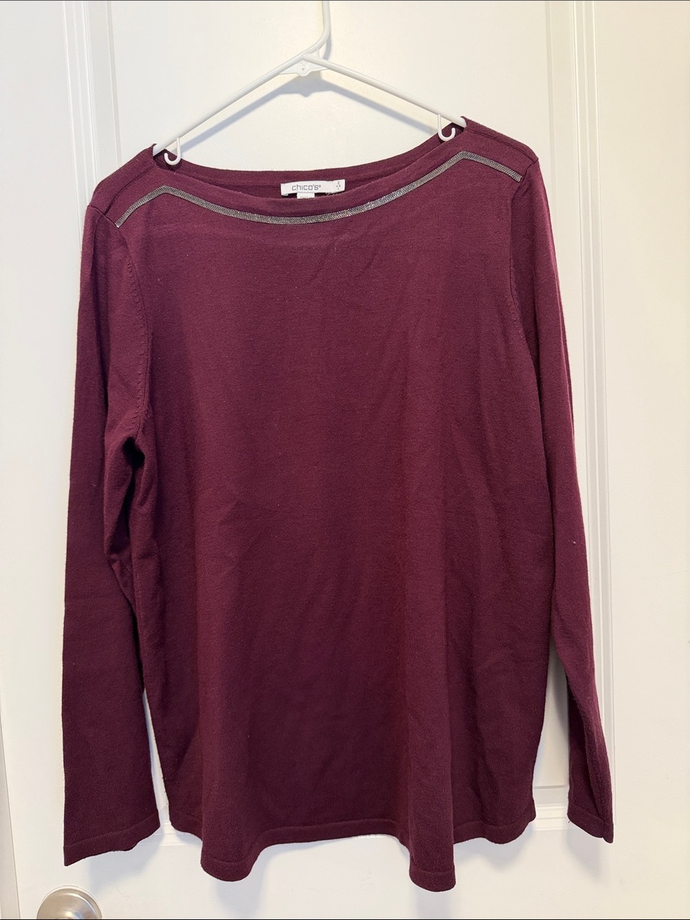 Chico's Long Sleeve Boatneck Top in Wine with Metallic Trim